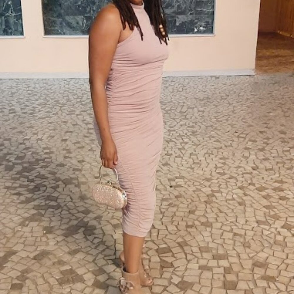 Privy Privately Privileged, Blush High Neck Sparkle Ruched Dress